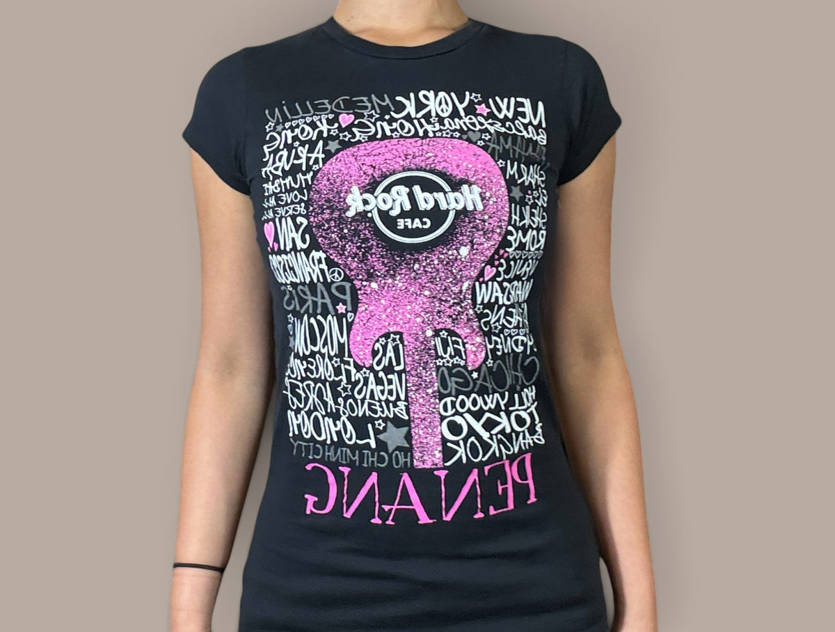 hard rock black graphic shirt white and pink detailing
