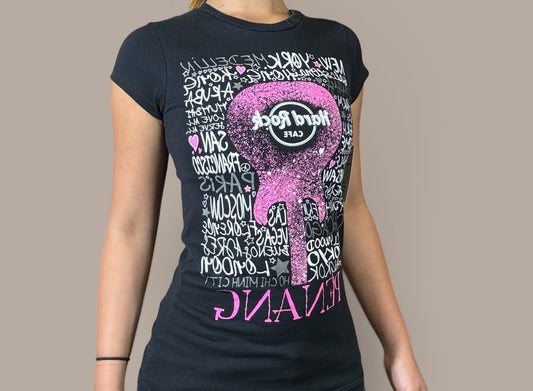 hard rock black graphic shirt white and pink detailing