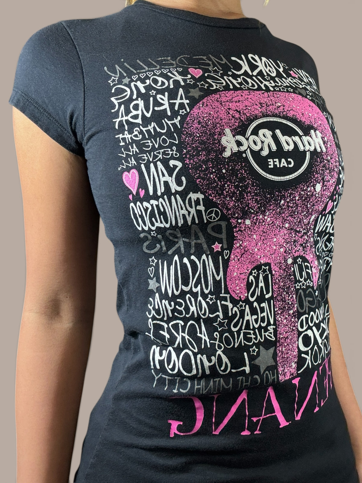 hard rock black graphic shirt white and pink detailing