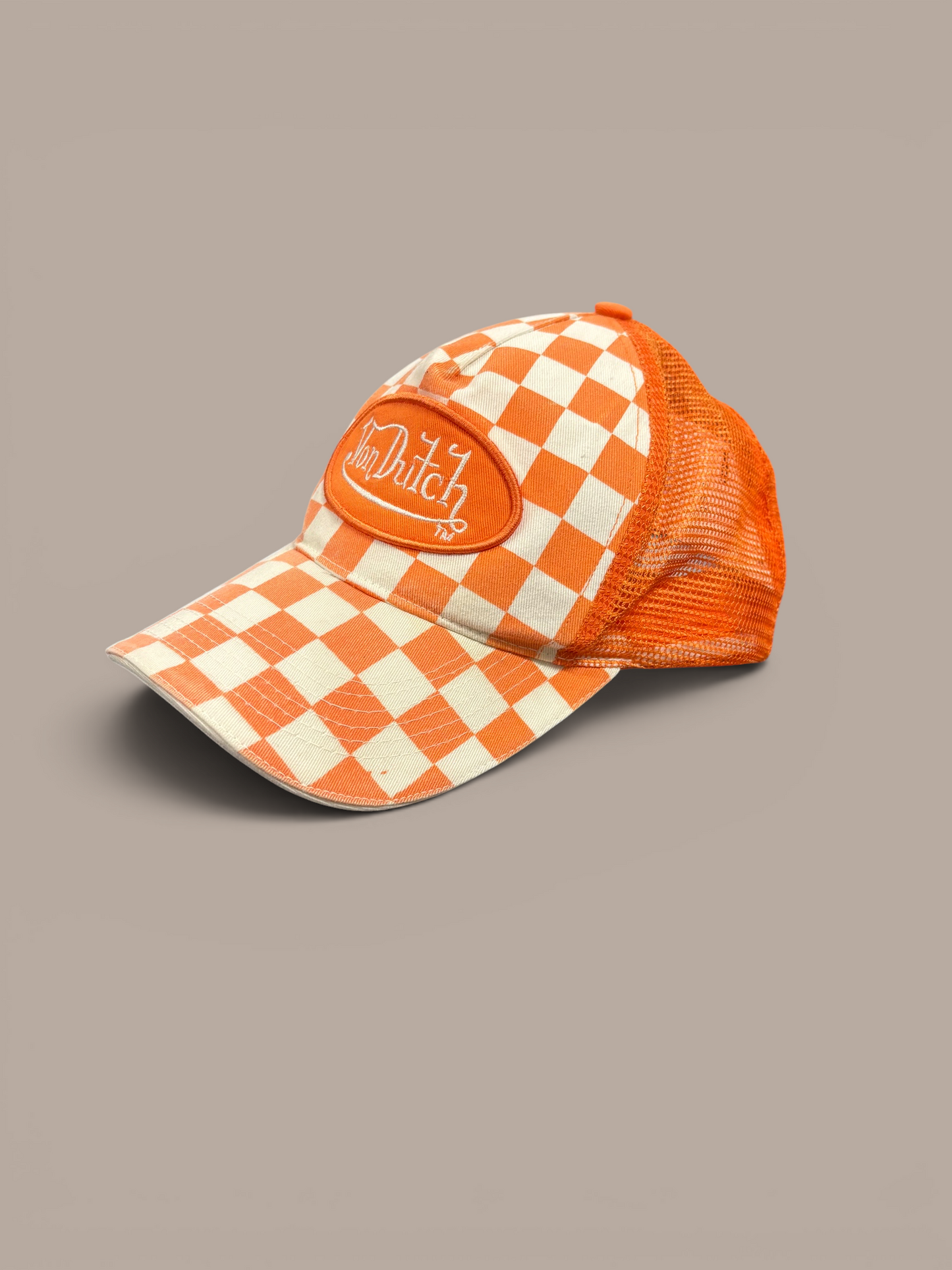 von dutch hat orange checkered trucker style